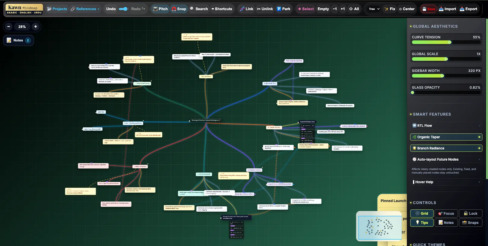 Kawn MindMap visual workspace showing product planning branches with notes and source attachments.