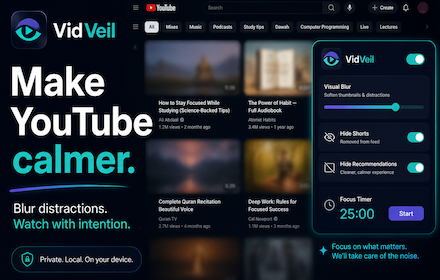 VidVeil controls showing blur, hidden distractions, and a focus timer